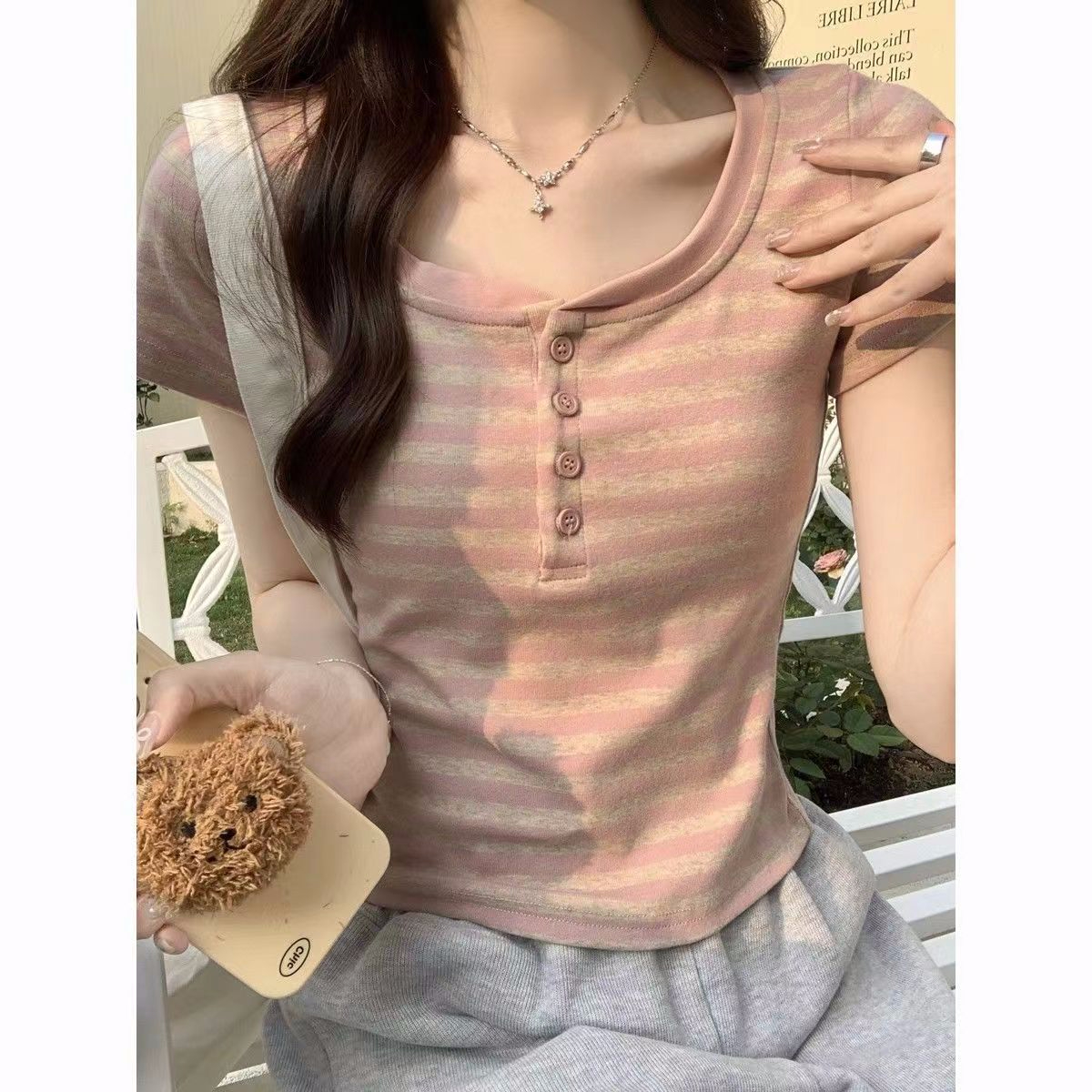 Original yarn-dyed fabric 250g, right shoulder striped short-sleeved T-shirt for women, summer half-open collar slim fit top