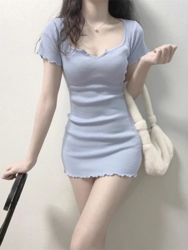 Hot girl blue v-neck short-sleeved t-shirt dress female summer small slim sexy hip-hugging A-line short skirt