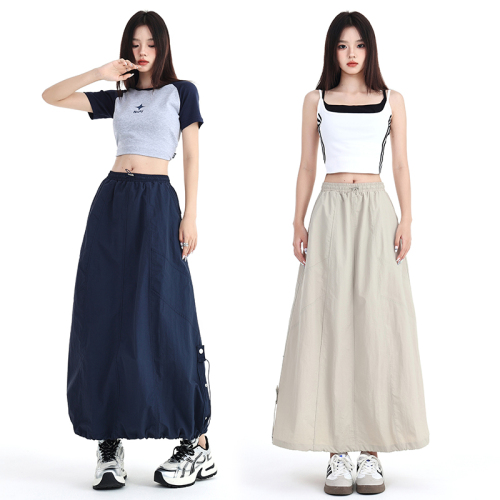 Actual shot of 2024 new summer style CLP sweet and spicy casual lazy elastic waist over-the-knee umbrella skirt drawstring loose A-line skirt for women