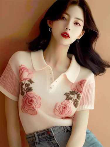 粉色玫瑰印花针织短袖女t恤夏季甜美气质上衣别致绝美独特polo衫