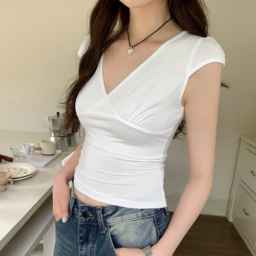 Actual photo design big V-neck short-sleeved T-shirt for women summer 2024 new chic and beautiful sweet top