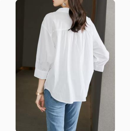 Combed cotton white shirt women's three-quarter sleeve spring Korean style lantern sleeve design top loose cotton shirt