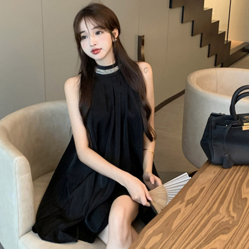 Official photo Halterneck top dress women's summer skirt petite loose a-line off-shoulder temperament skirt