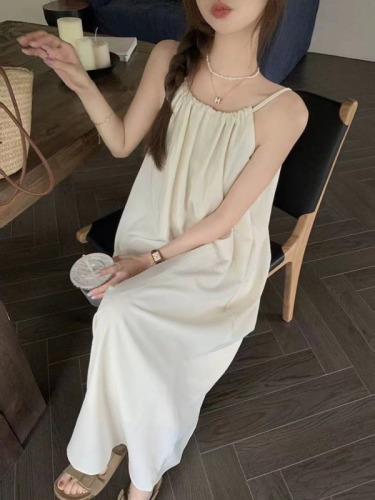 Summer solid color niche design sleeveless loose slim casual simple A-line halterneck elegant long skirt dress