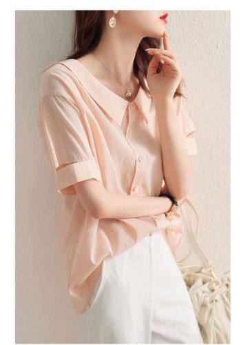 New design striped short-sleeved shirt for women, fashionable summer Korean style loose doll collar chiffon shirt