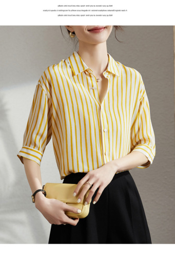 Contrast striped silk shirt summer high-end fashion commuting loose versatile outer wear shirt chiffon top for women