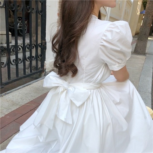 Actual shot~ Super fairy retro temperament French palace style puff sleeve short front and long back waist solid color dress