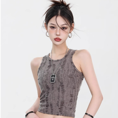 American high-waisted retro ripped sleeveless vest for women 2024 summer new slim fit short top