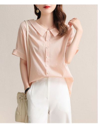 New design striped short-sleeved shirt for women, fashionable summer Korean style loose doll collar chiffon shirt