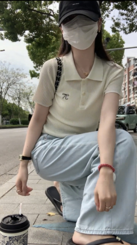 Polo领刺绣设计感针织短袖T恤女夏季新款韩系气质修身显瘦上衣ins