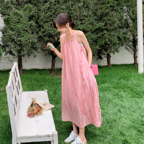 Pink suspender long skirt women's summer new seaside vacation beach dress halter neck design niche skirt