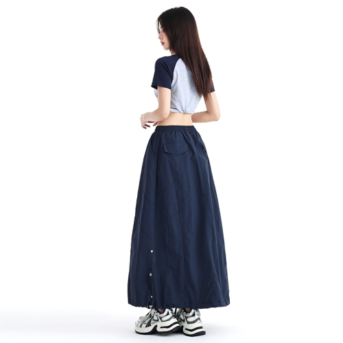 Actual shot of 2024 new summer style CLP sweet and spicy casual lazy elastic waist over-the-knee umbrella skirt drawstring loose A-line skirt for women