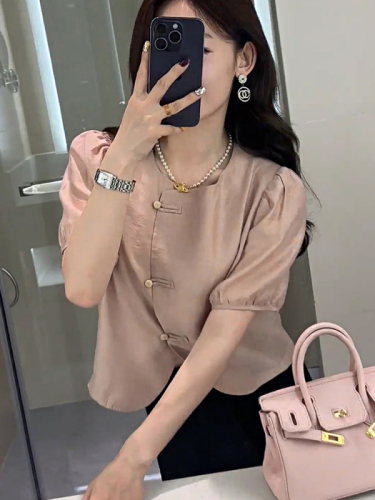 新中式国风泡泡袖粉色短袖衬衫盘扣上衣高级感洋气别致绝美小衫
