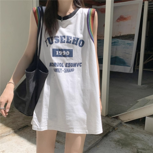 Sleeveless T-shirt for women's summer outerwear street style retro American basketball uniform sports vest loose mid-length top