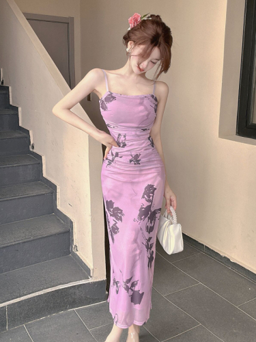 Real shot of tie-dye purple suspender dress for women in summer slim-fitting mesh slit skirt hot girl hip-hugging fishtail long skirt