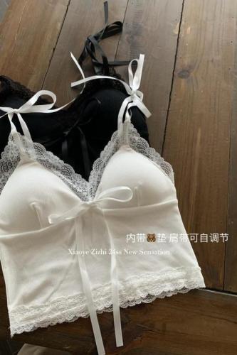 少女纯欲风复古蕾丝拼接系带小背心性感吊带文胸一体美背