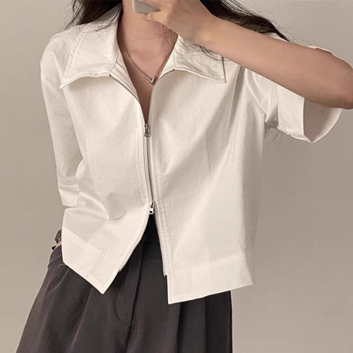 韩国chic夏季复古百搭翻领双拉链设计宽松休闲纯色短袖衬衫上衣女