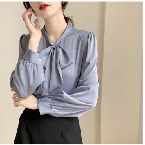 White shirt long-sleeved bow top for women autumn new temperament design niche shirt