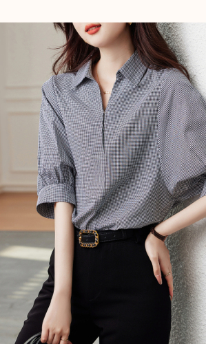 Retro short-sleeved shirt women's new lapel commuting temperament age-reducing top small shirt plaid