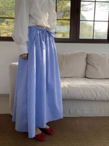 2024 Korean ins style striped waist A-line skirt umbrella skirt