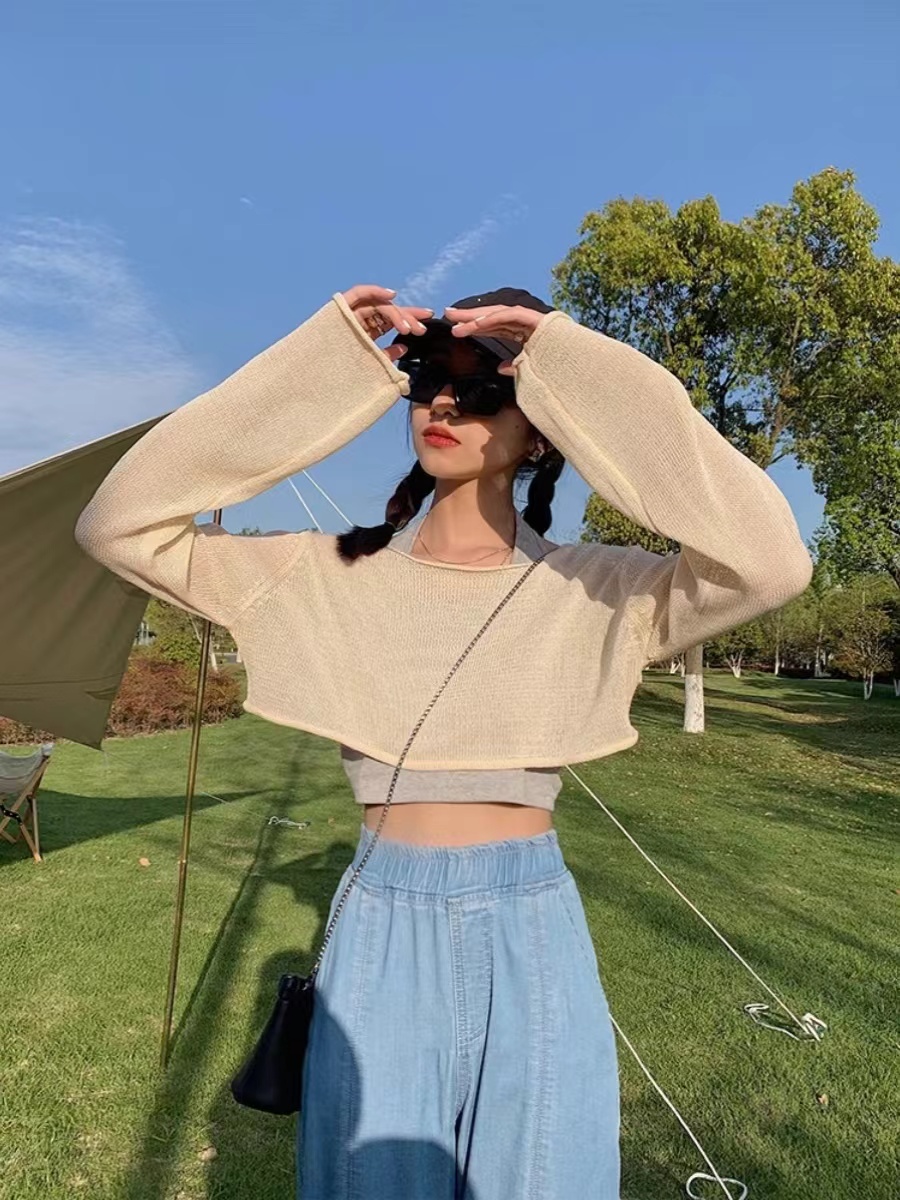 Ice silk thin sweater for women in summer with suspenders to wear loose short half sun protection blouse top t-shirt