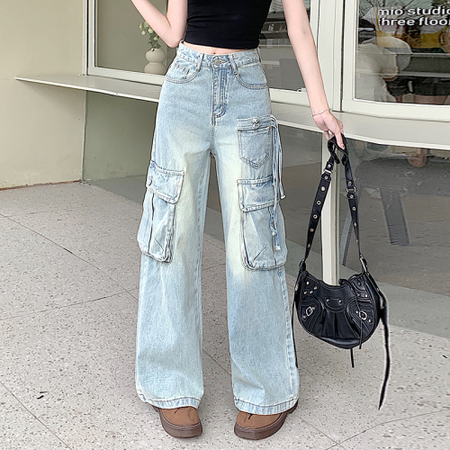 Real shot of American wide-leg jeans for women 2024 new design small workwear high-waisted loose straight pants