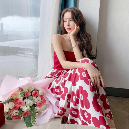 French summer new temperament sweet and spicy style beach seaside vacation super fairy tube top high waist long skirt printed dress