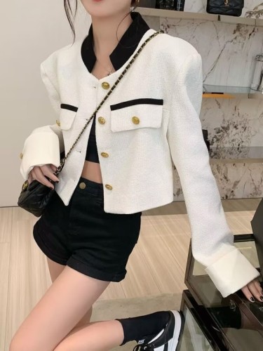 Xiaoxiangfeng jacket women's autumn new high-end braided short contrast color stand-up collar loose long-sleeved top