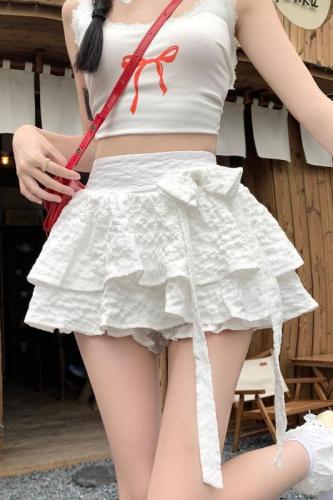 Actual shot~ Summer new bow cake skirt semi-elastic waist skirt anti-exposure A-line puff skirt