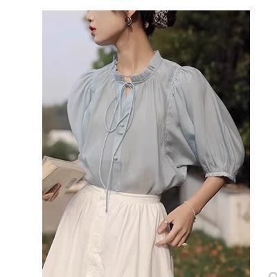 French puff sleeve lace-up stand collar short-sleeved shirt for women summer baby blue retro chic quarter-sleeved chiffon shirt thin