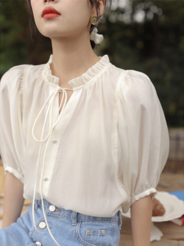 French puff sleeve lace-up stand collar short-sleeved shirt for women summer baby blue retro chic quarter-sleeved chiffon shirt thin