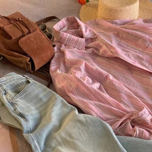 YNVN粉色条纹长袖衬衫女2024早春季新款宽松慵懒风设计感法式衬衣