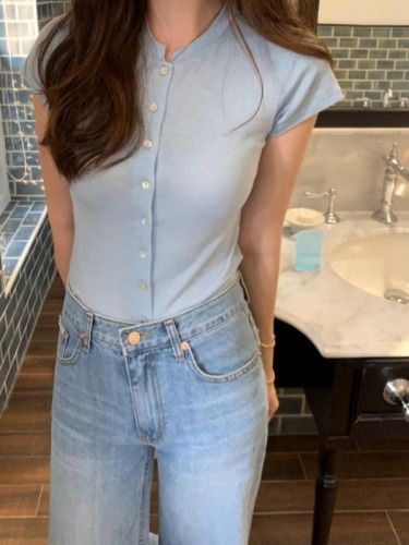 韩国chic夏季新款简约气质排单扣短袖T恤女修身显瘦上衣