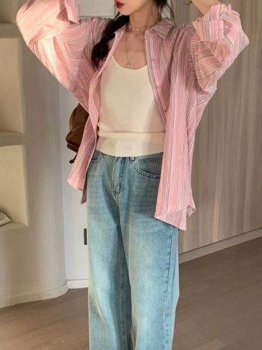 YNVN粉色条纹长袖衬衫女2024早春季新款宽松慵懒风设计感法式衬衣