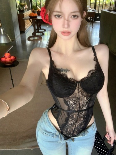 Real shot ~ Black lace camisole female inner wear with hot girl sexy mesh slim fit jumpsuit