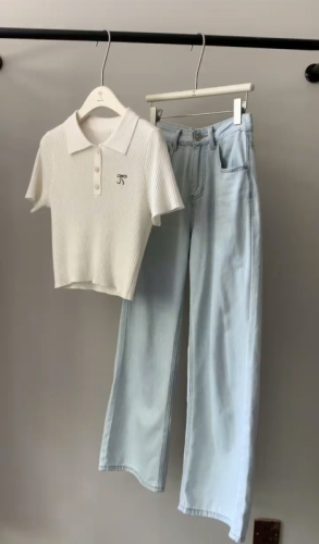 Polo领刺绣设计感针织短袖T恤女夏季新款韩系气质修身显瘦上衣ins