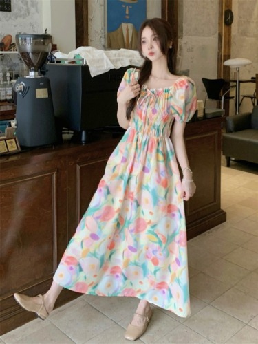 Real shot of tea break French oil painting floral short-sleeved dress for women summer new seaside vacation beach long dress