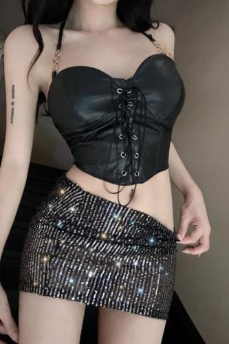 Real shot~Sequined see-through DJ sexy nightclub hot girl nightclub skirt women's four seasons style