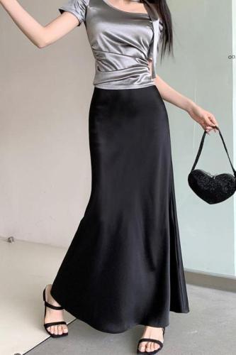 Actual shot ~ 2024 new Korean style acetate satin skirt elastic waist slimming fishtail skirt French long skirt