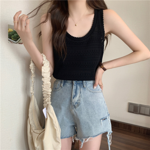 French hollow short sleeveless top summer camisole women's inner layering shirt loose lazy style outer wear