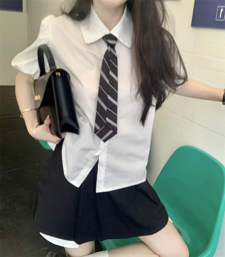 实拍 夏季韩系新款制服学院风套装短袖衬衫乖巧学妹两件套女