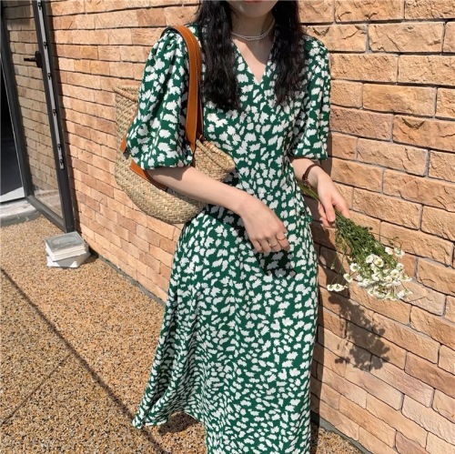 Retro elegant French floral long dress plus size fat girl slimming chic green puff sleeve dress summer