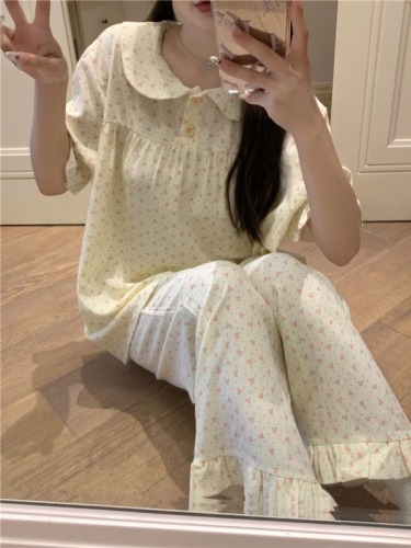Real shot of Korean version of sweet, fresh and cute cherry doll collar summer outer short-sleeved trousers home clothes set