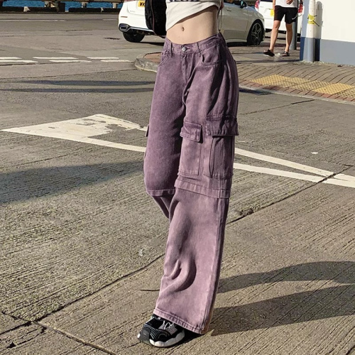 2024 new summer style purple really cool elastic waist workwear large pocket loose straight wide leg jeans