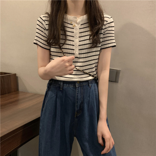 Summer new Korean style striped button-down bottoming slimming sweater 2-piece set