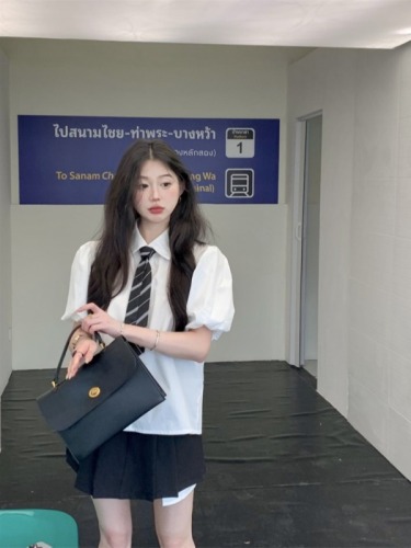 实拍 夏季韩系新款制服学院风套装短袖衬衫乖巧学妹两件套女