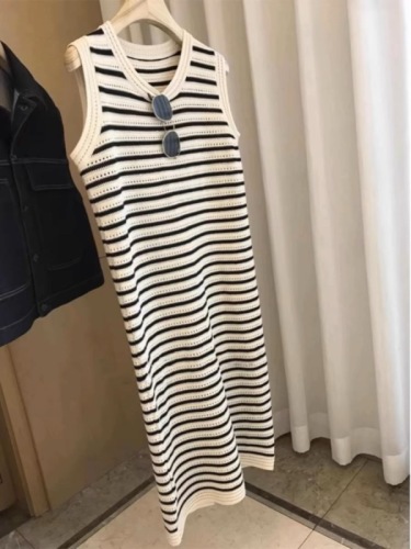 2024 New Hollow Striped Knitted Dress Women's Summer Ice Silk Tank Top Long Skirt Loose Large Size Skirt Covers Flesh