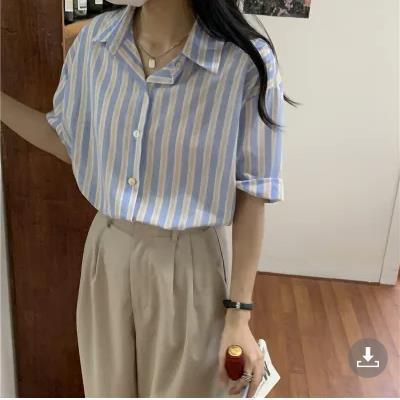 HEYGIRL Black Brother Korean Style Loose Striped Shirt Women  Summer Thin Design Niche Retro Top