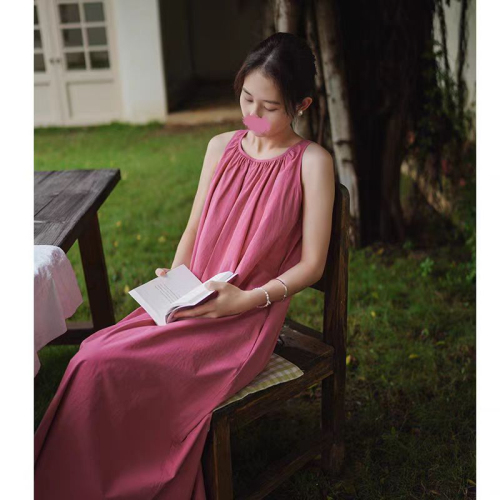 Simple temperament raspberry red vest dress women's summer new loose sleeveless casual seaside vacation mid-length skirt