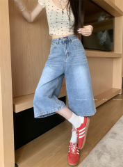 Actual shot ~ American retro high street jeans for women, high-waisted, slim, straight, wide-leg, cropped trousers